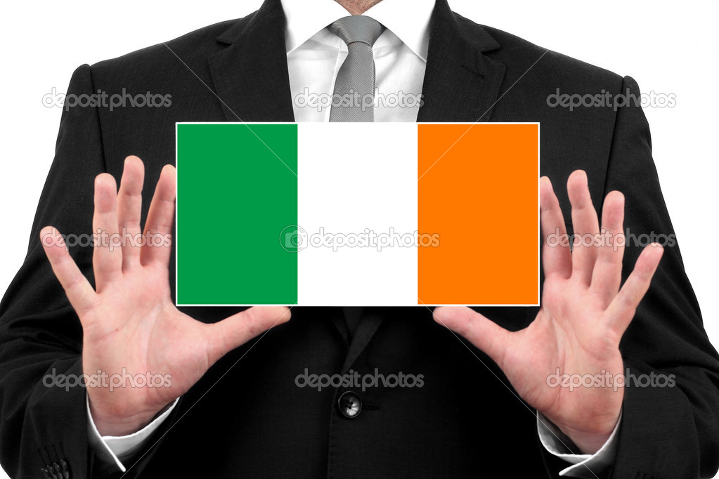 Businessman holding a business card with Ireland Flag