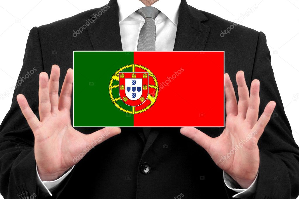 Businessman holding a business card with Portugal Flag