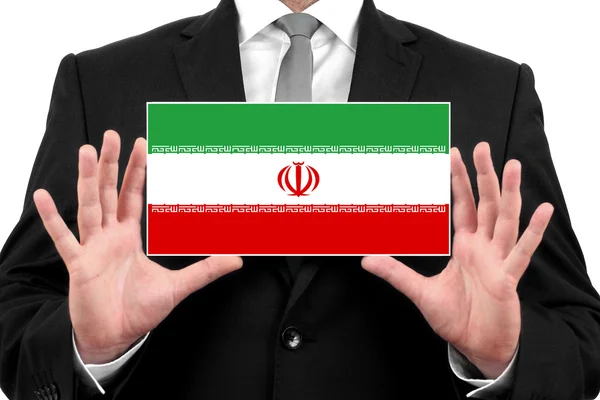 Affärsman som innehar ett visitkort med iran flagga — Stockfoto