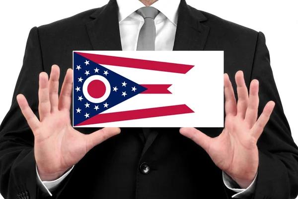 Businessman holding a business card with Ohio State Flag — Stock Photo, Image