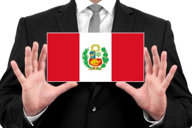 Kartvizit peru bayrağı ile tutan işadamı