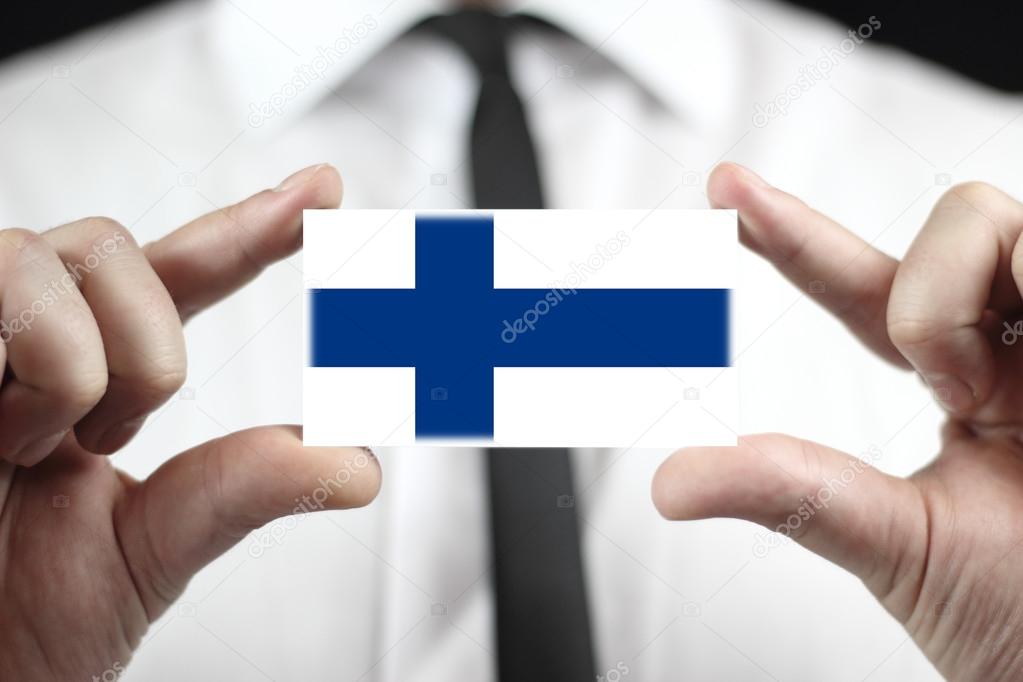 Businessman holding business card with Finland Flag