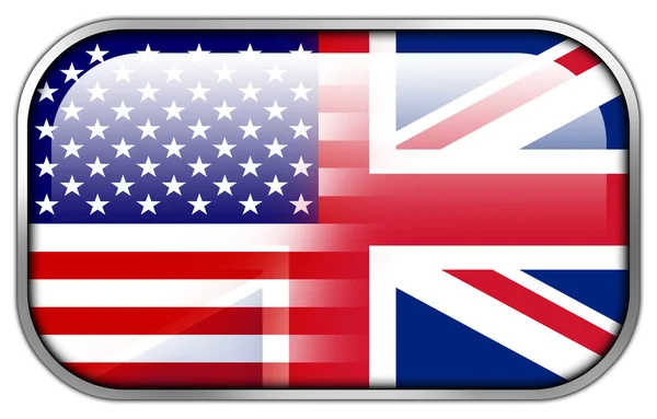 EUA e Reino Unido Bandeira retângulo brilhante botão — Fotografia de Stock