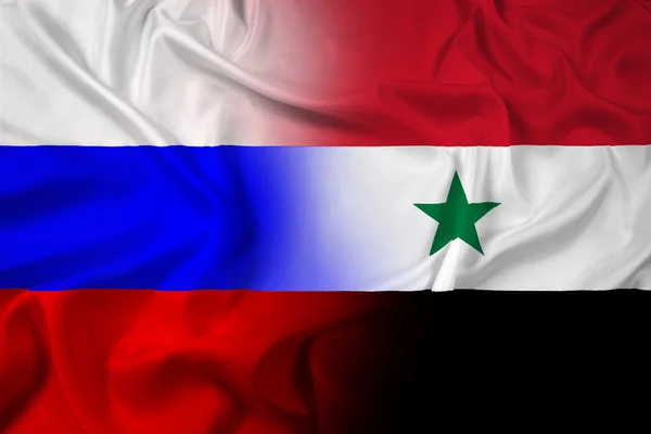Vlající vlajka Ruska a Sýrie — Stock fotografie