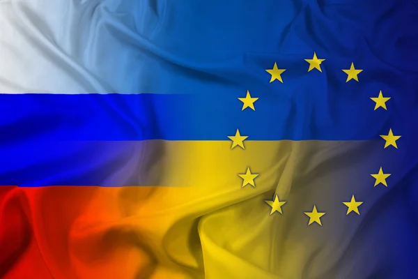 乌克兰、 欧盟和俄罗斯的国旗挥舞着 — 图库照片