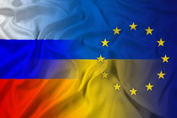 Ukrayna, AB ve Rusya bayrağı sallayarak — Stok fotoğraf