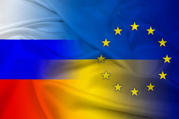 Die Flagge der Ukraine, der EU und Russlands schwenken — Stockfoto