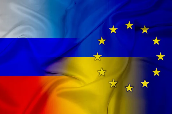 乌克兰、 欧盟和俄罗斯的国旗挥舞着 — 图库照片