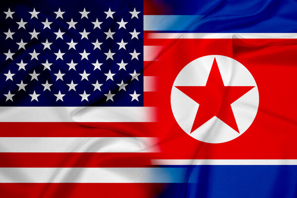 Waving USA and North Korea Flag