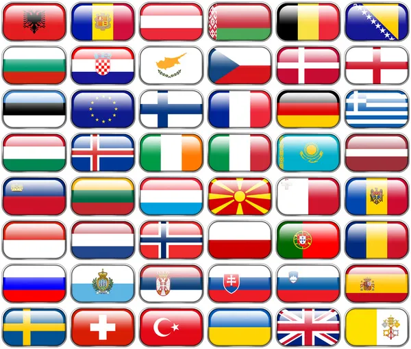 Todas las banderas europeas - botones brillantes rectángulos. Cada botón está aislado sobre fondo blanco . —  Fotos de Stock
