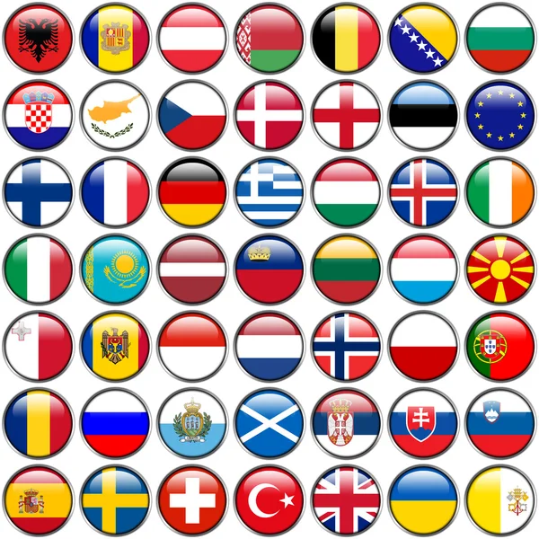 Tous les drapeaux européens - cercle boutons brillants. Chaque bouton est isolé sur fond blanc . — Photo