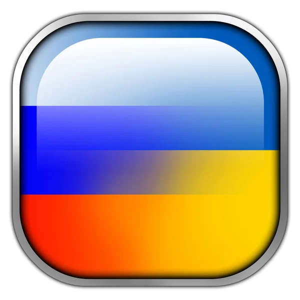 Ucrânia e Rússia Bandeira quadrado brilhante botão — Fotografia de Stock