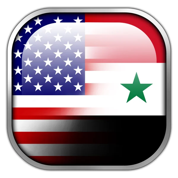 Vlajka USA a Sýrie náměstí lesklý tlačítko — Stock fotografie