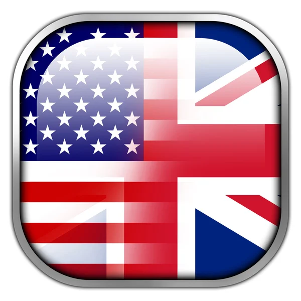 USA und Großbritannien Flagge quadratischen Hochglanz-Knopf — Stockfoto