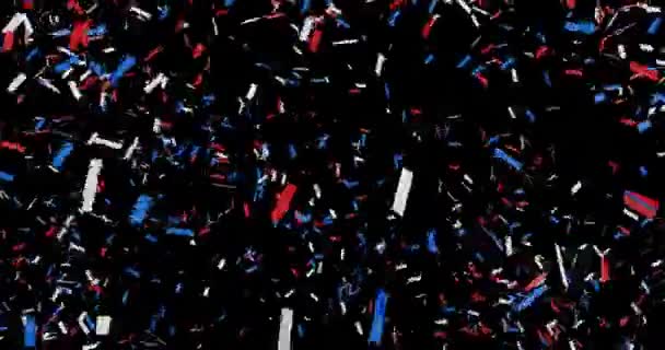 Анимация красного, белого и синего падающих конфетти на темном фоне. Цвета флага Америки. Праздник Соединенных Штатов Америки. Видеоанимация Ultra HD 4K — стоковое видео
