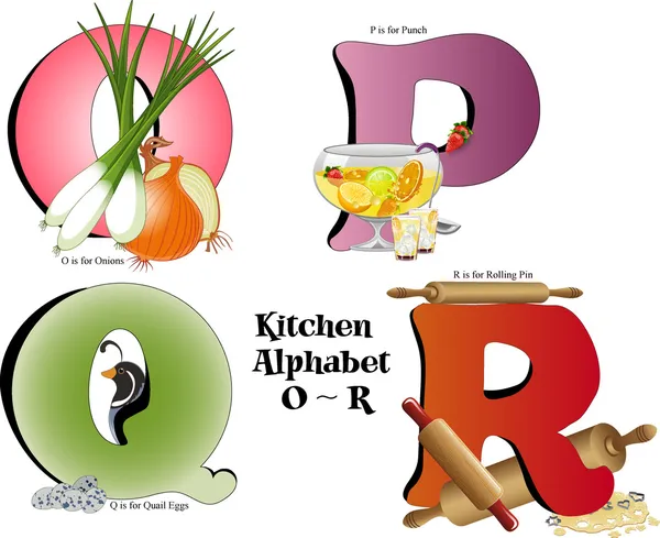 Keuken alfabet o t/m r — Stockvector