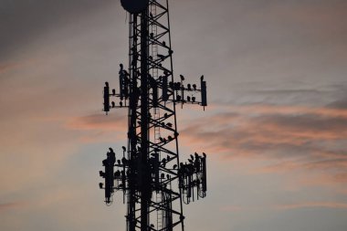 Gün batımında kuşların olduğu kule silueti