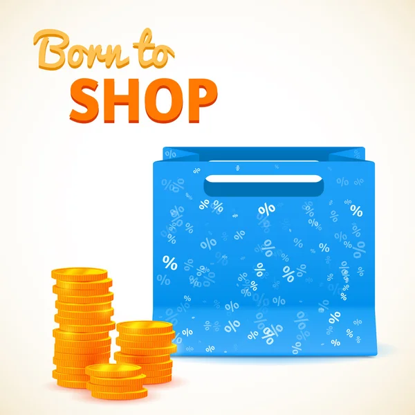 ショップの碑文に生まれたの硬貨と買い物のための青いベクトル バッグ — ストックベクタ