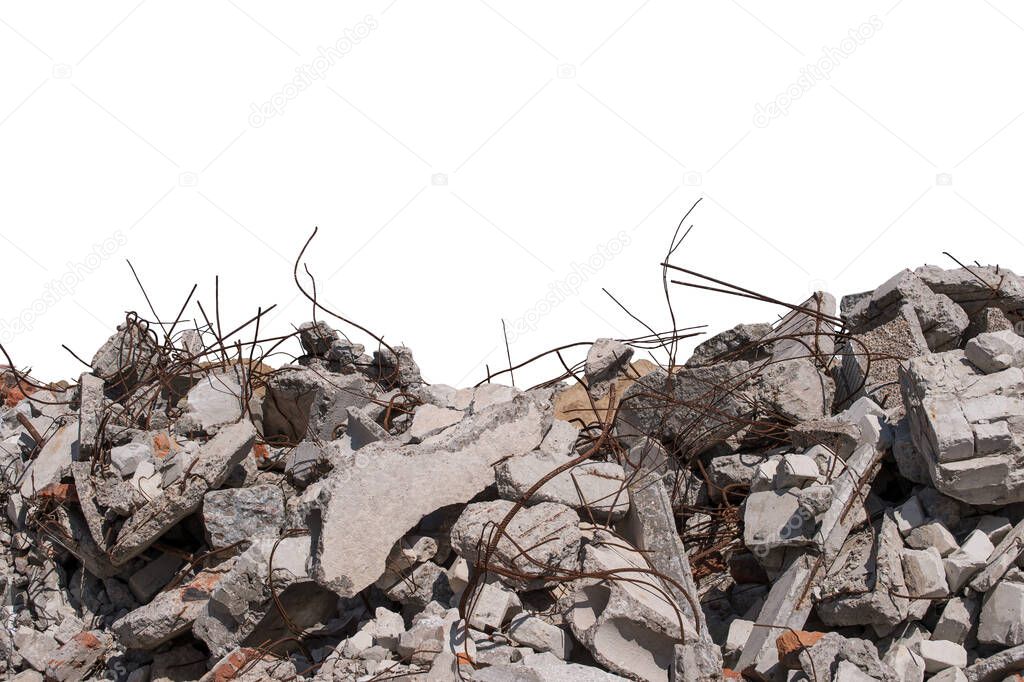 Construction debris close-up of a pile of concrete debris, bricks, rebar isolated on a white background.