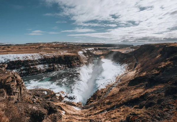 Вид Водопад Галльфосс Каньоне Реки Хвита Время Зимнего Снега Исландии — стоковое фото