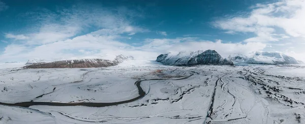 Aerial drone panorama of Iceland Glacier Svinafellsjokul and Vatnajokull in Southern Iceland. Blue sky on a sunny winter day with snow and ice. — Stock Photo, Image