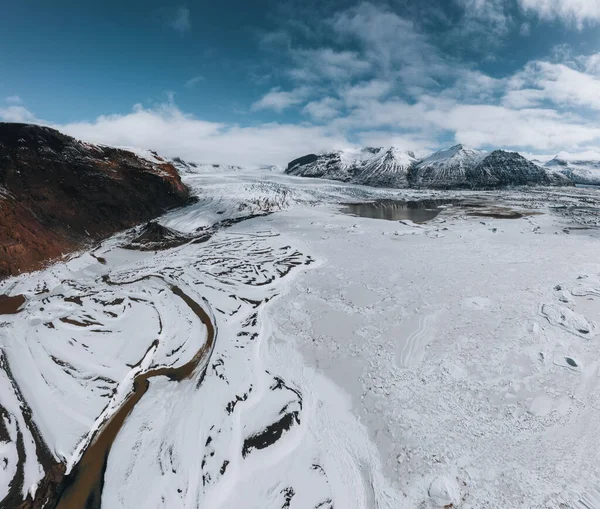 Aerial drone panorama of Iceland Glacier Svinafellsjokul and Vatnajokull in Southern Iceland. Blue sky on a sunny winter day with snow and ice. — Stock Photo, Image