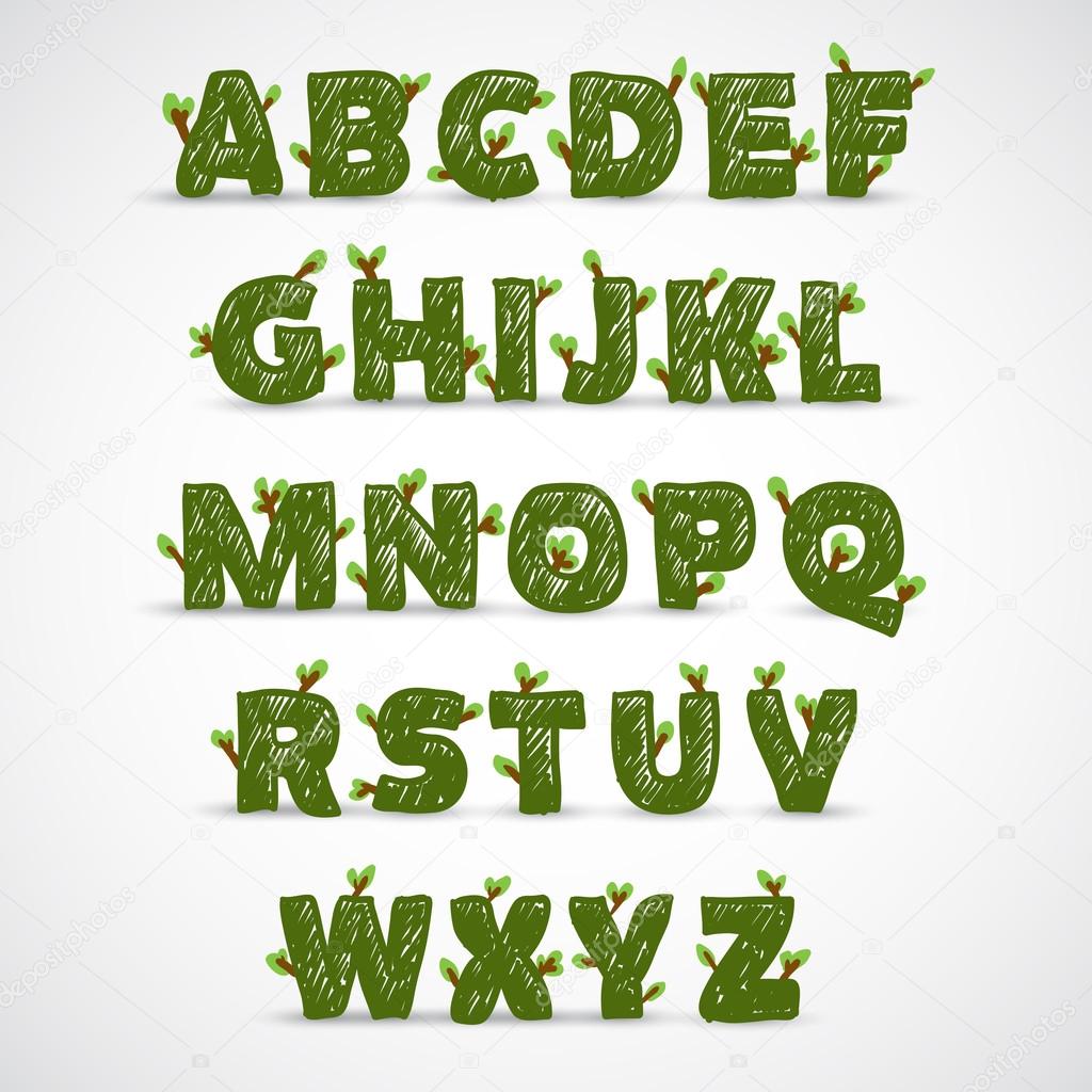 Handwritten ABC alphabet with leaf