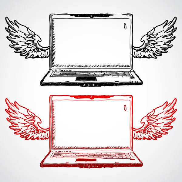 Laptop com asas doodle conceito —  Vetores de Stock