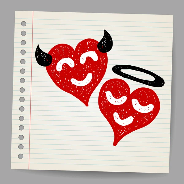 Doodle angyal és ördög szív — Stock Vector
