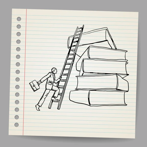 Doodle-Geschäftsmann mit Holzleiter steht neben Bücherstapel — Stockvektor