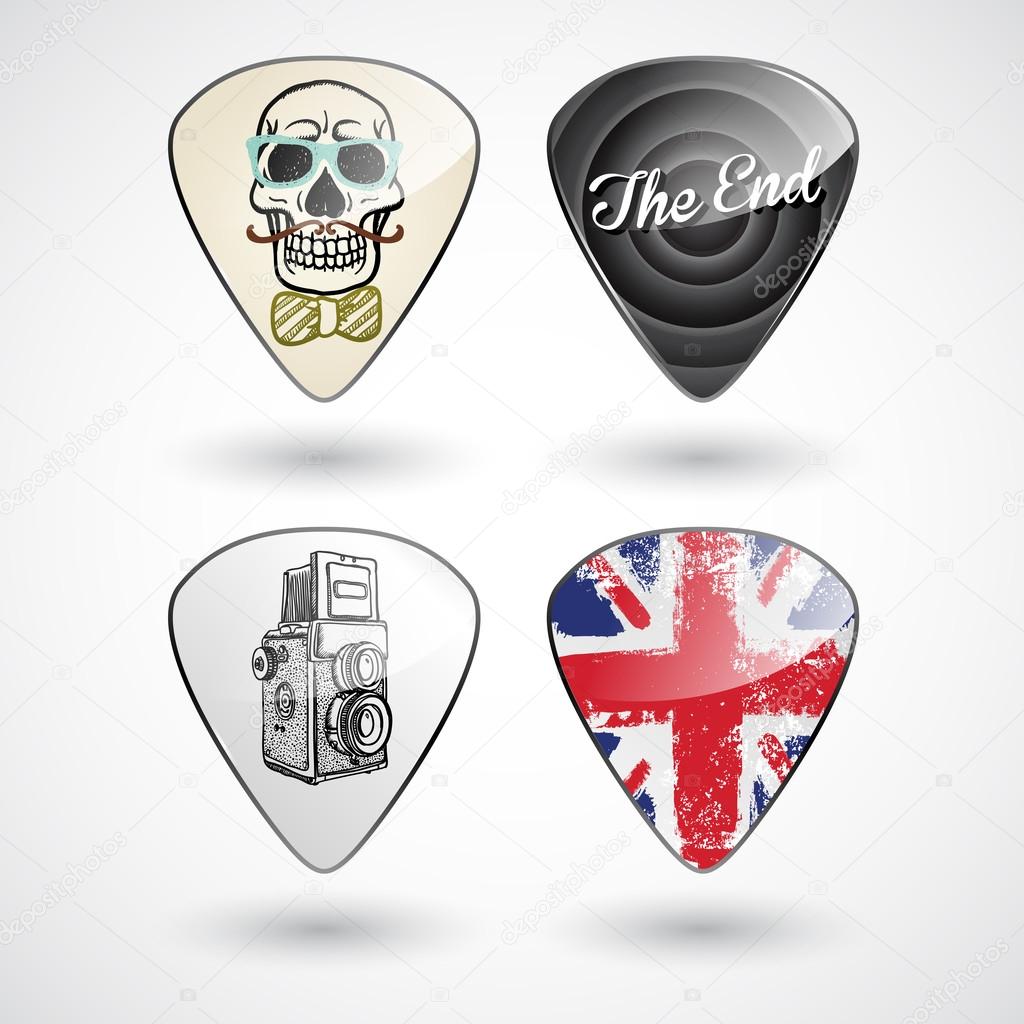 Guitar picks or plectrums with custom designs