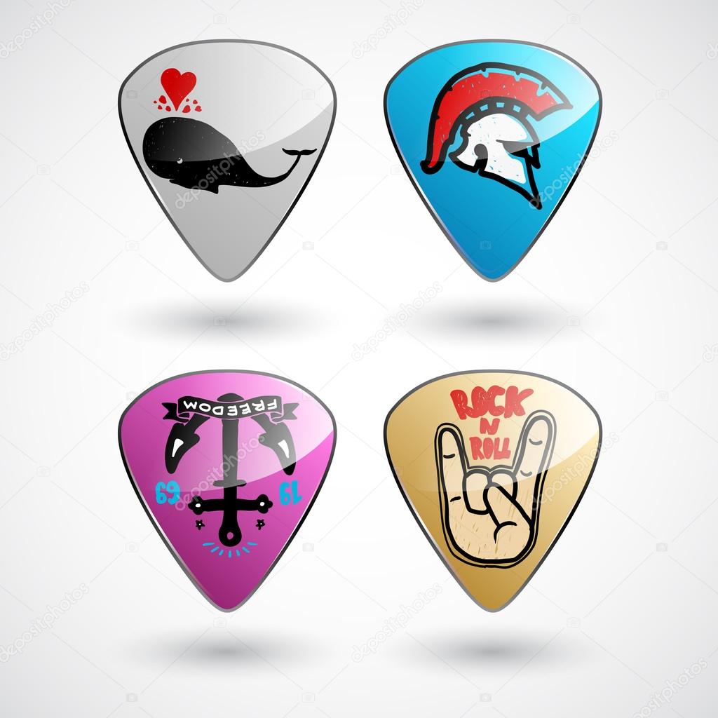 Guitar picks or plectrums with custom designs