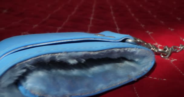 Detailed, extreme close-up of blue leather handcuffs with fur on a silver chain on a red blanket — Wideo stockowe