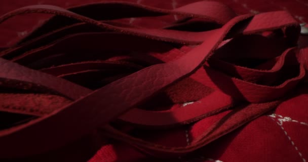 Detailed, extreme close-up of a red whip on a red blanket — Vídeo de Stock