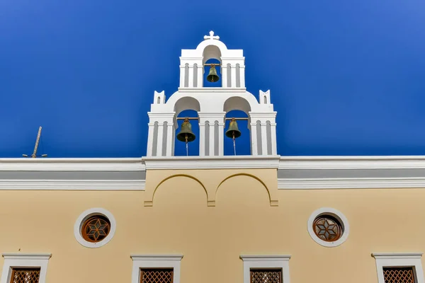 Три Колокола Фиры Санторини Греция Официально Известная Успенская Католическая Церковь — стоковое фото