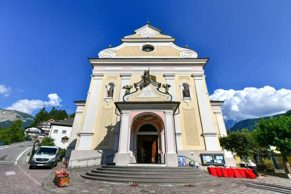 Yellow Orange Neoclassical Style Facade Catholic Parish Church Ulrich Ortisei — Stockfoto