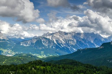 Panoramic landscape of the Cinque Torri in the  Dolomite mountains of Italy.
