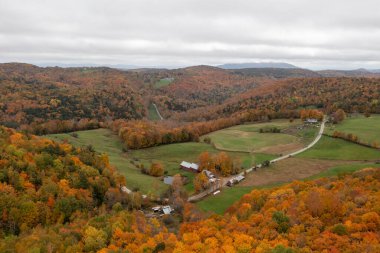 Vermont 'ta sonbaharda kırsal bir çiftliğin panoramik manzarası.