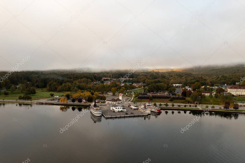 Panoramic view of the bay in Lake George, New York at dawn.