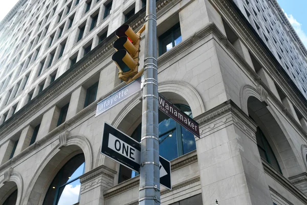 Lafayette Street Wanamaker Place Intersection Street Signs Noho Neighborhood New — Stock Photo, Image