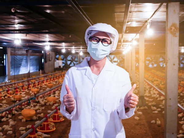 The woman in white suit with feeling happy and thumb up with chicken farmimg backround and yellow light.