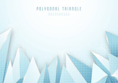 Soyut modern mavi üçgenler sanat tasarımı dekoratif şablonu. Altın çizgili arka planda üst üste dizayn. Görüntü vektörü