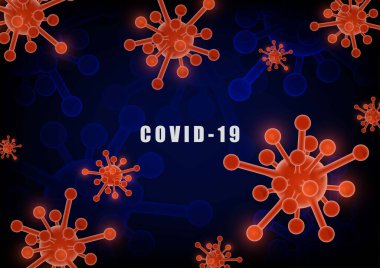 Soyut COVID-19 virüs salgını. Kırmızı virüslerin gelecekteki mavi kontrastı. Metin arkaplanının kopyalama alanı örtüşüyor. Görüntü vektörü