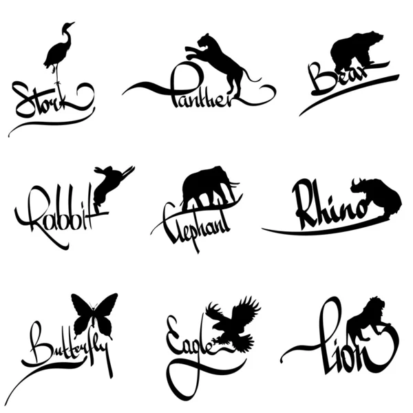 Vector conjunto de animales silueta con letras — Vector de stock