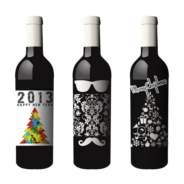 Tres botellas de vino etiquetadas aisladas — Vector de stock