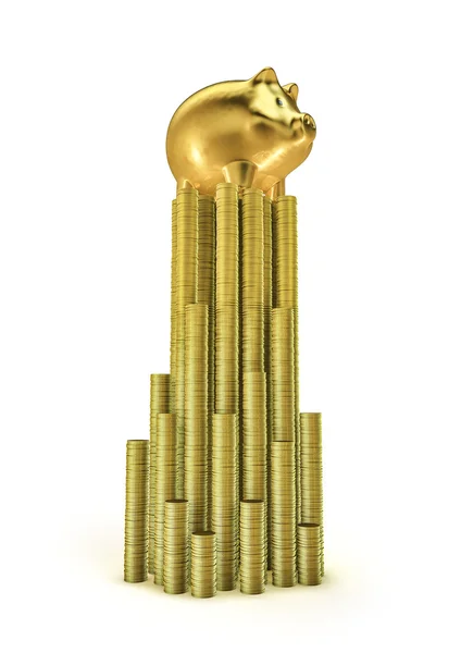 Gouden piggy bank op munten — Stockfoto