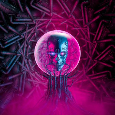 Şeytani yapay zeka kafatası - Parlayan cam küre içinde metalik robot kafası gösteren üç boyutlu bilim kurgu sahnesi