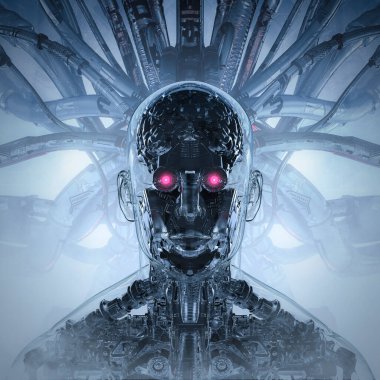İnsan formundaki makine - karmaşık makinelerden oluşan fütürist cam bilimkurgu erkek insansı robotun 3 boyutlu çizimi