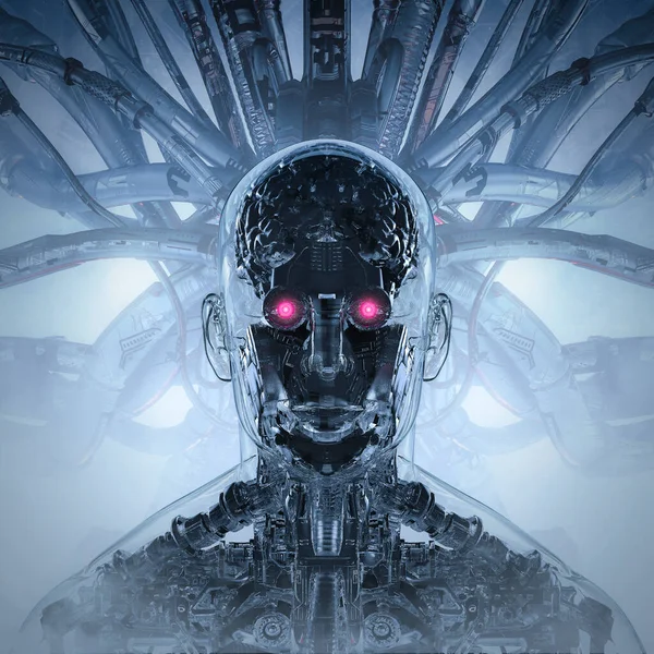 人間の形をした機械 複雑な機械で構成された未来的なガラスSf男性ヒューマノイドサイボーグの3Dイラスト — ストック写真