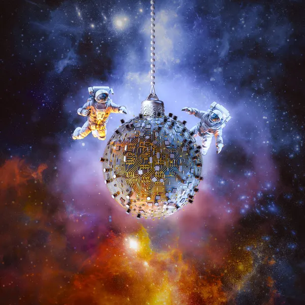 Computer Christmas ornament outer space - 3D illustration of astronauts discovering festive decoration made of circuit board amid glowing galaxies